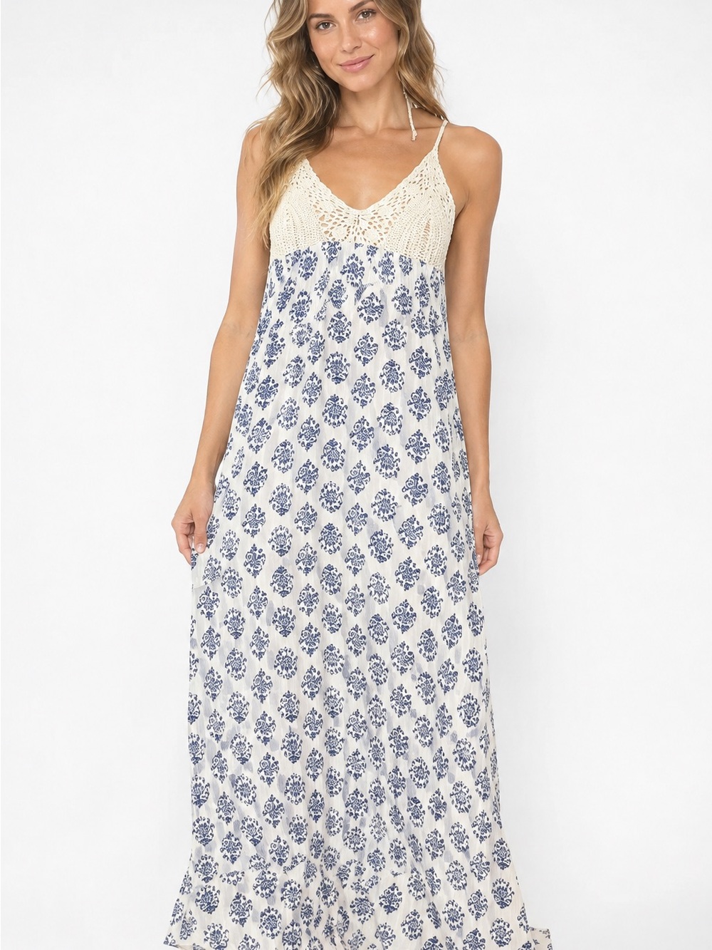 American Rag Cie XL Boho Crochet Floral Maxi Dress Blue Ivory Festival